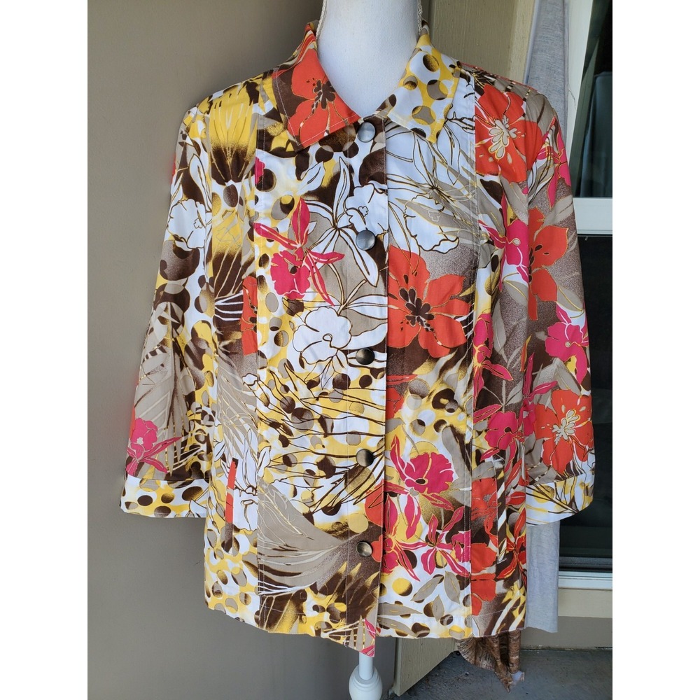 Chicos Button Up Jacket Women L Tan Floral Tropical Stretch Lightweight Resort